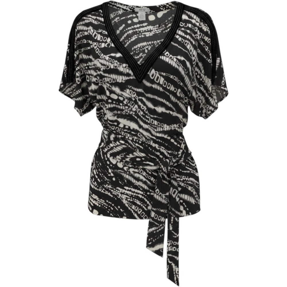 Cache Silk Blend Wrap Top Medium Black White Abstract Beaded V-Neck Blouse